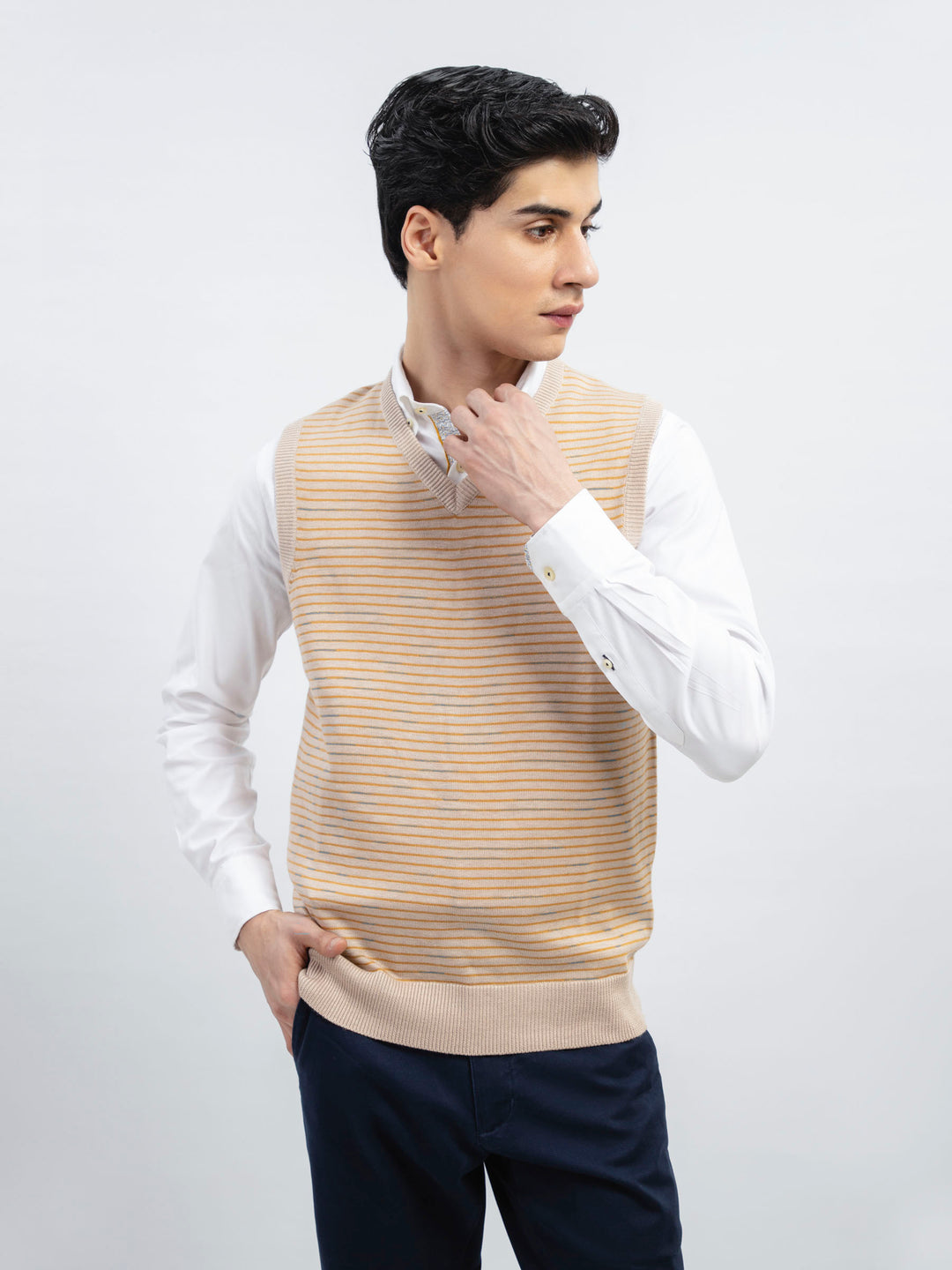 Beige striped wool blended sleeveless sweater brumano pakistan