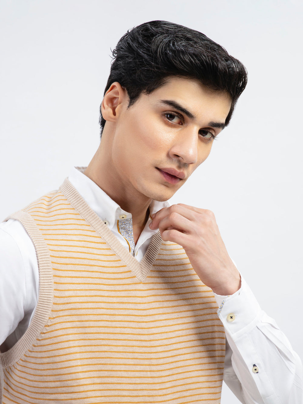 Beige striped wool blended sleeveless sweater brumano pakistan