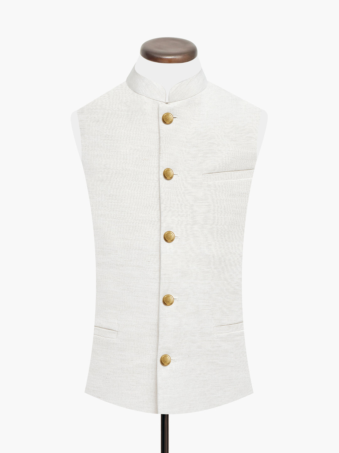 Beigestructuredwaistcoatwithgoldenbuttons sartoriabrumanopakistan