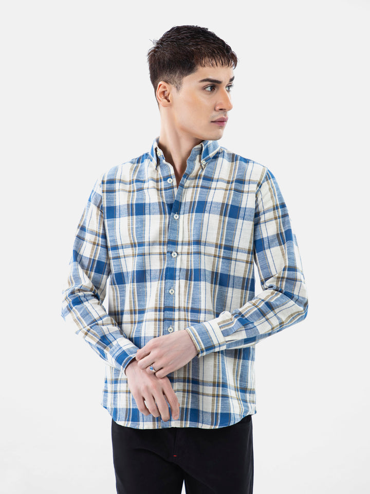 Beige & Blue Linen Checkered Shirt Brumano Pakistan