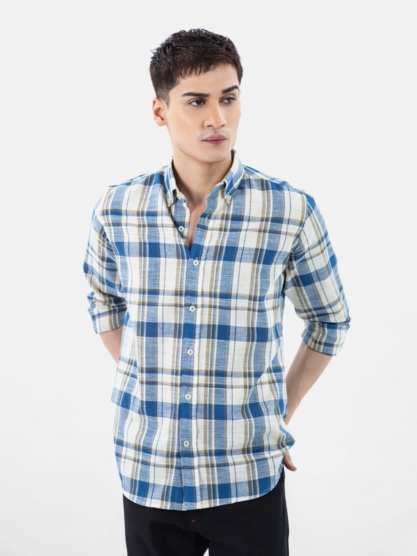 Beige & Blue Linen Checkered Shirt Brumano Pakistan