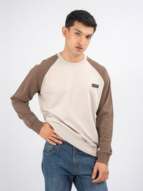 Beige & Brown Raglan Sleeves Crew Neck Sweatshirt