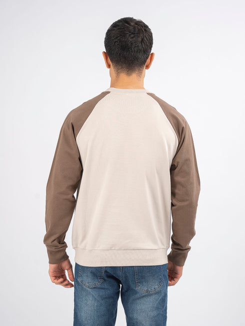 Beige & Brown Raglan Sleeves Crew Neck Sweatshirt