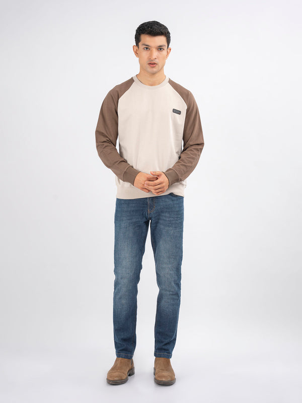 Beige & Brown Raglan Sleeves Crew Neck Sweatshirt