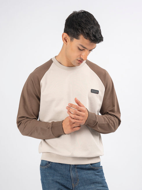 Beige & Brown Raglan Sleeves Crew Neck Sweatshirt