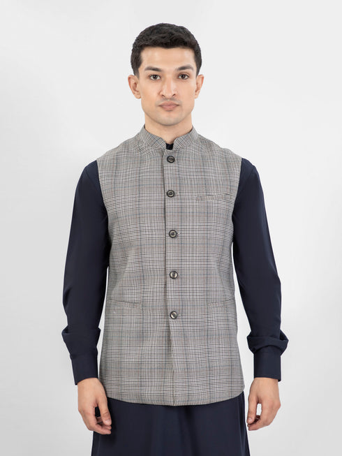 Beige & Grey Checkered Wool Waistcoat