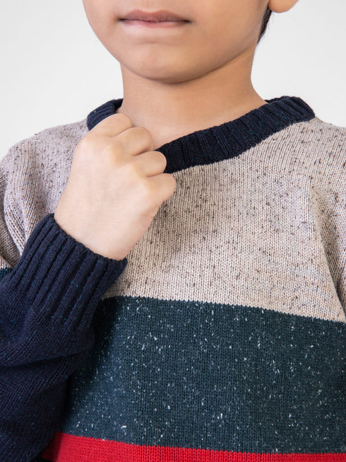 Beige & Navy Blue Casual Crew Neck Jumper