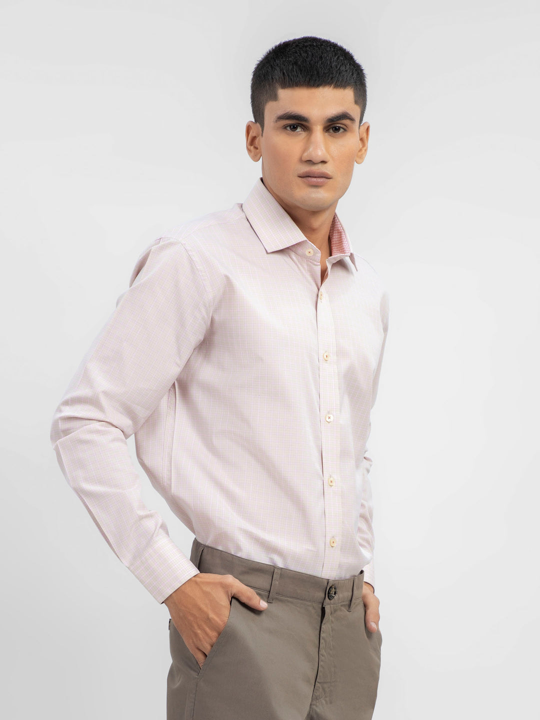 Beige & Pink Checkered Shirt With Inner Collar Detailing