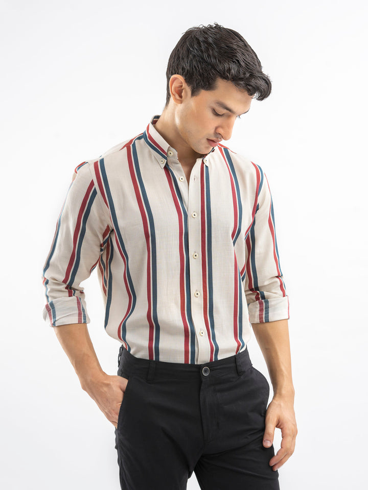Beige & Red Bold Striped Button Down Shirt