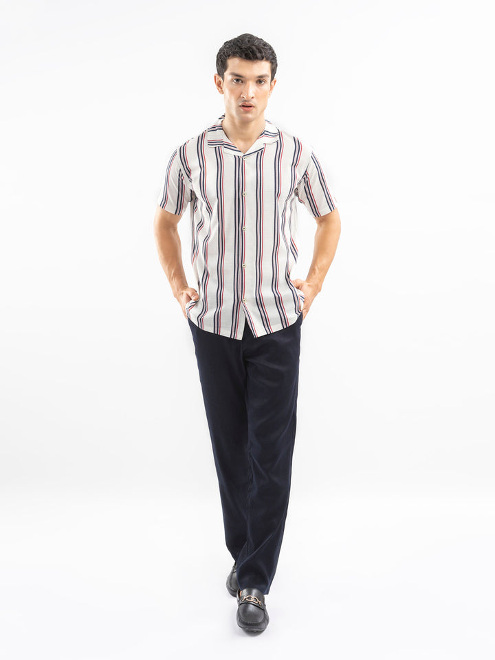 Beige & Red Striped Cuban Collar Shirt