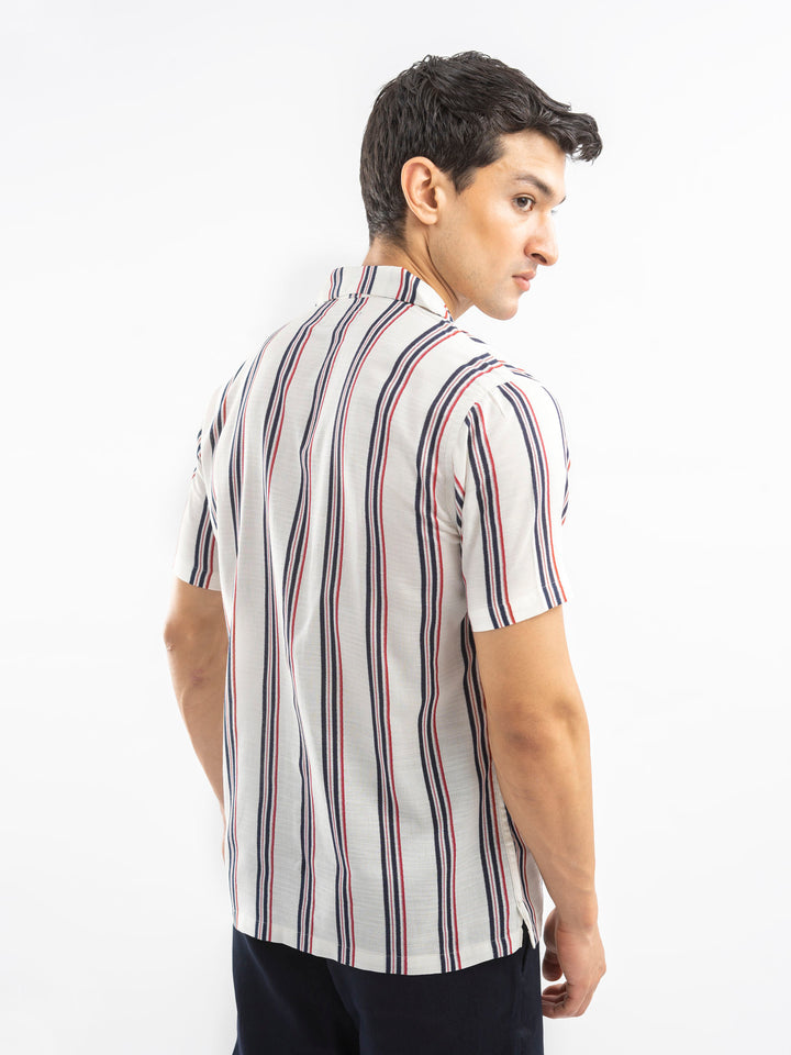 Beige & Red Striped Cuban Collar Shirt