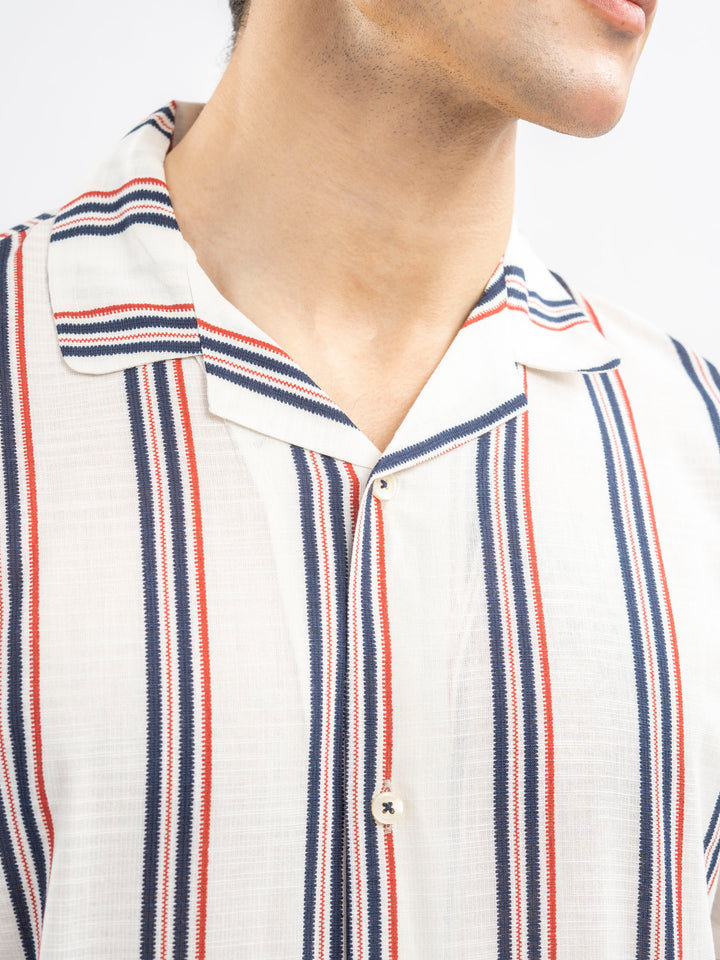 Beige & Red Striped Cuban Collar Shirt