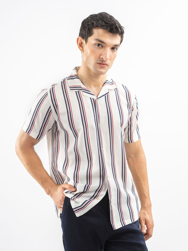Beige & Red Striped Cuban Collar Shirt