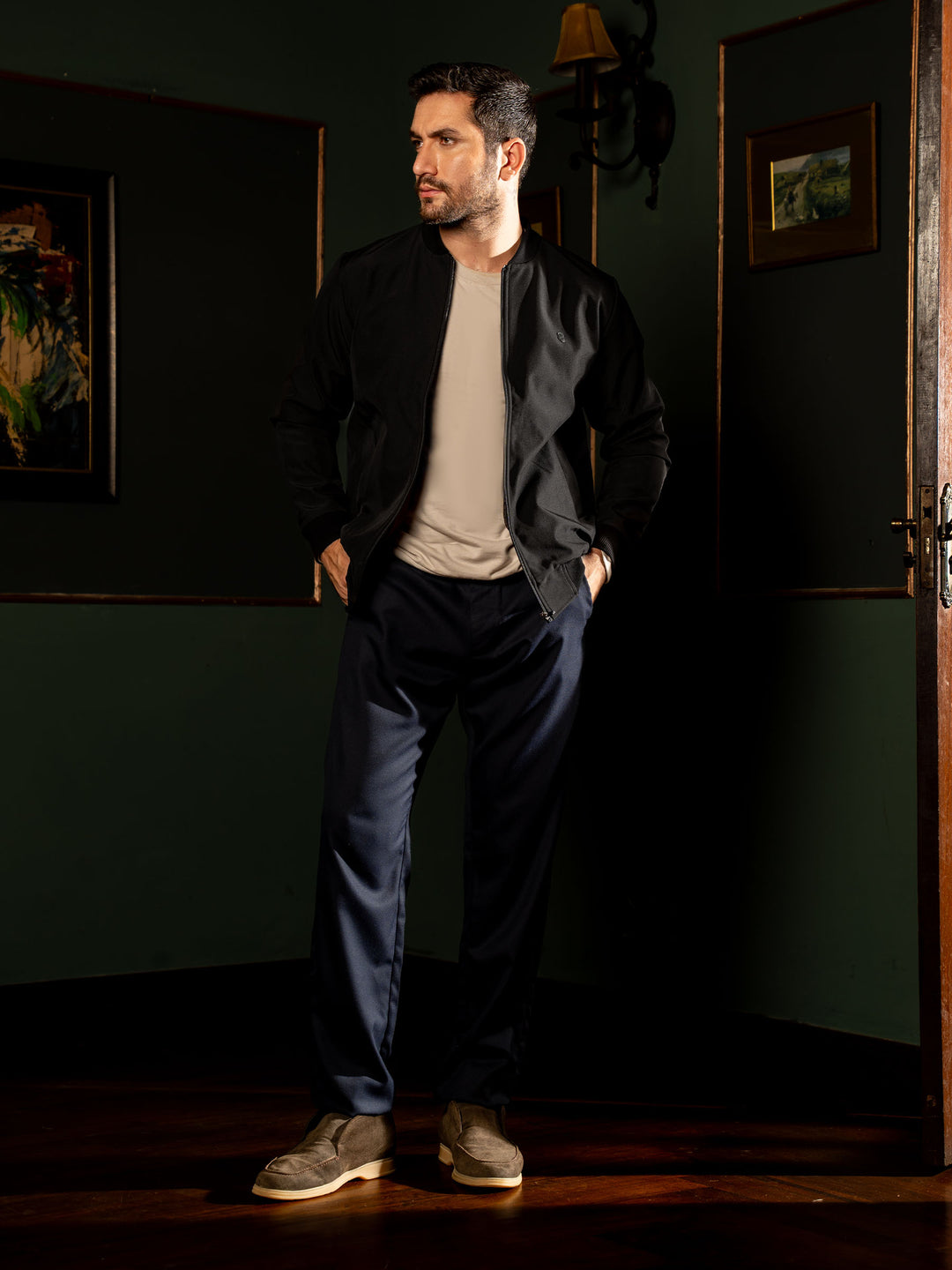 Black polyester bomber jacket for men