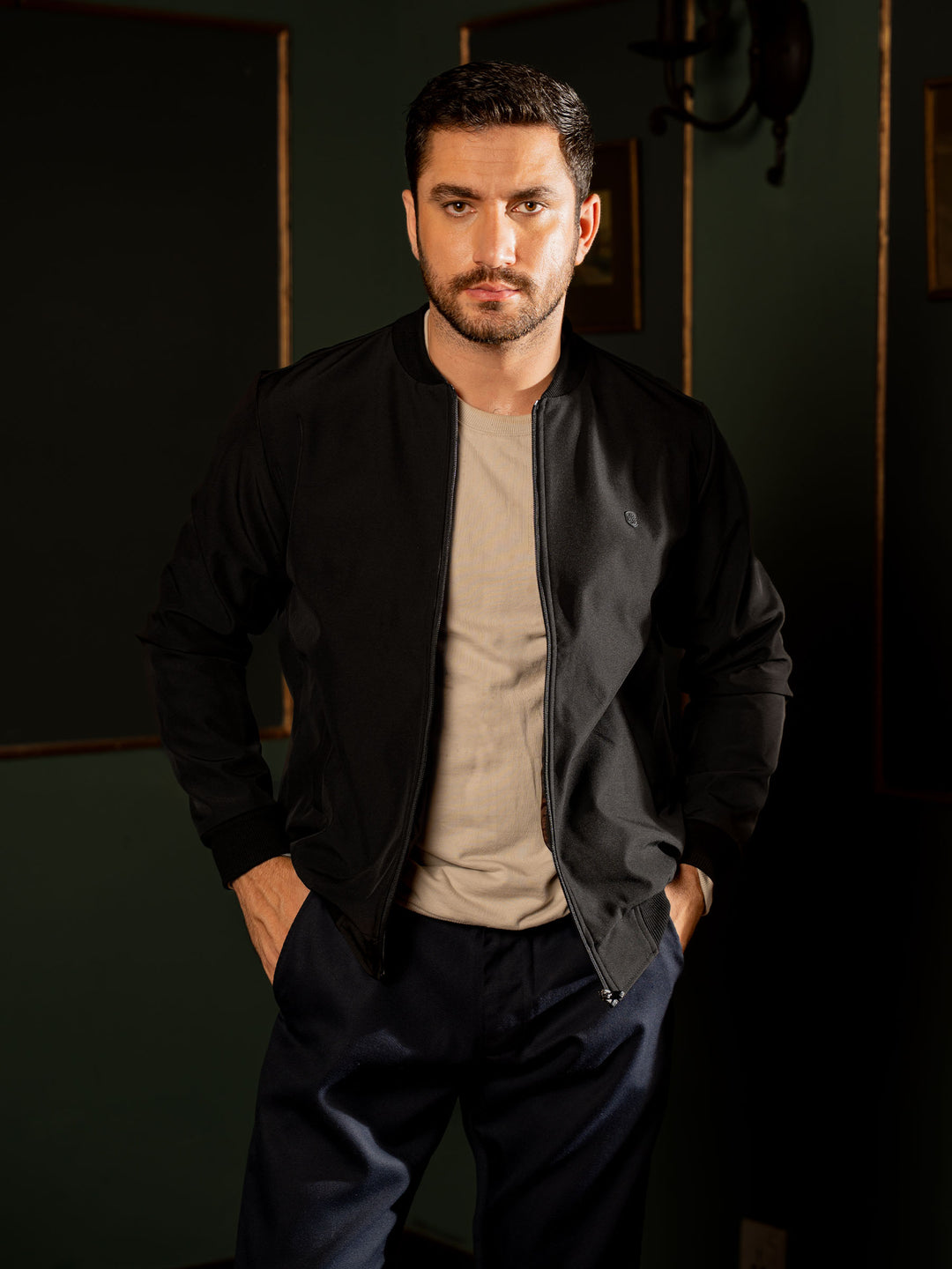 Men's black bomber jacket front view
