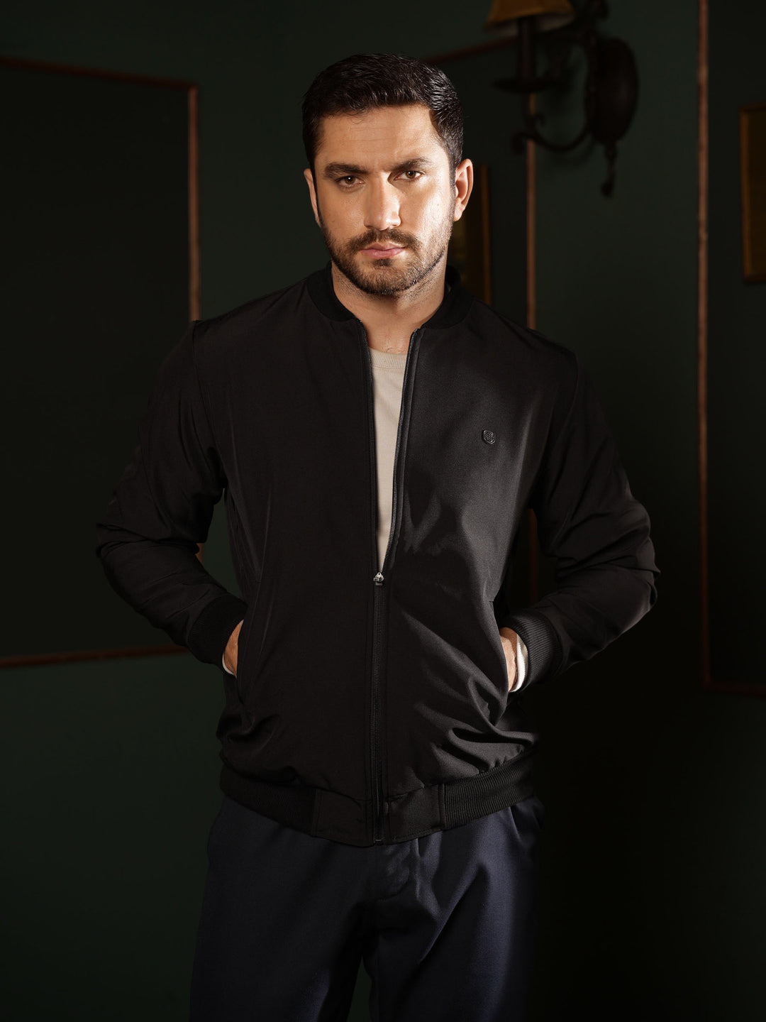 Black polyester bomber jacket for men