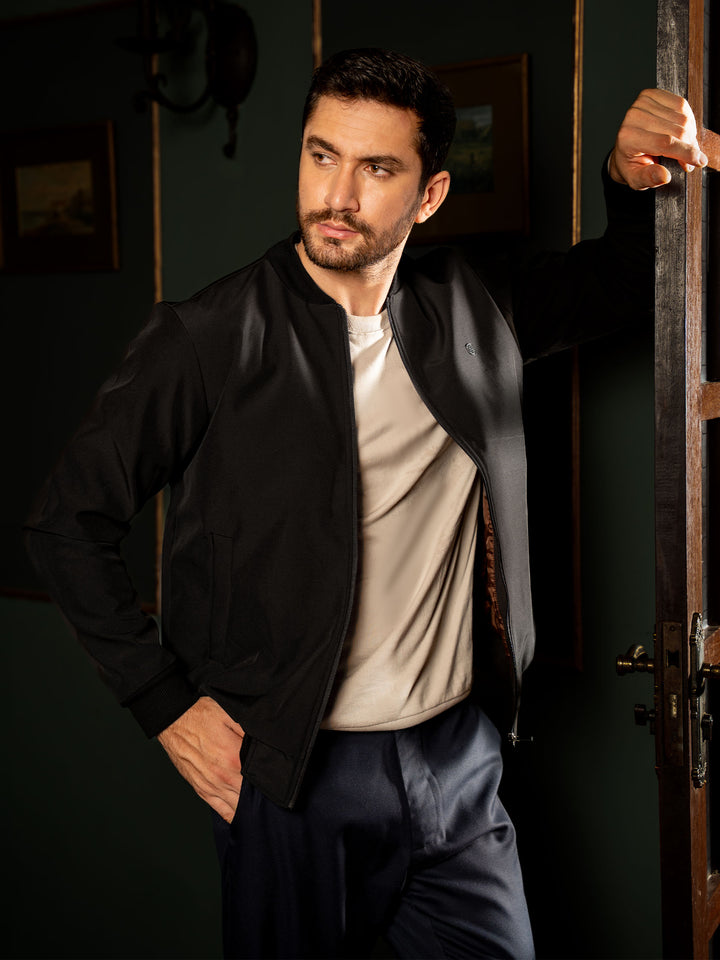 Black polyester bomber jacket for men
