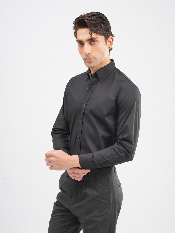 Men's black button down shirt front view
