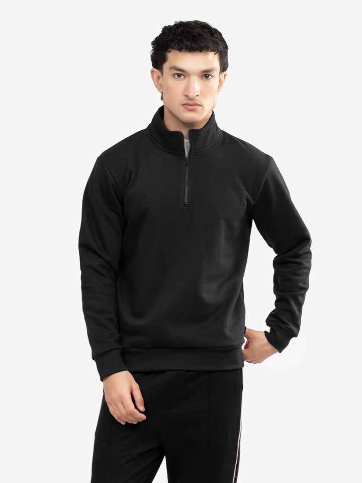 Men's black fleece mock neck sweater front view