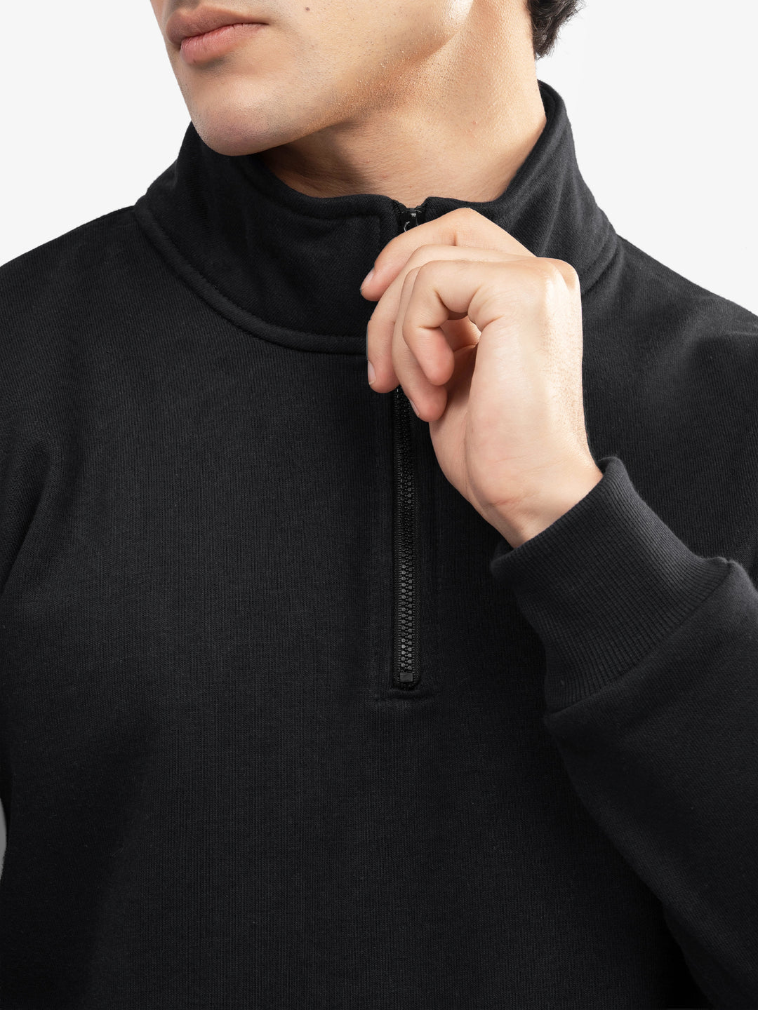 Close up of zipper detail on black fleece sweater