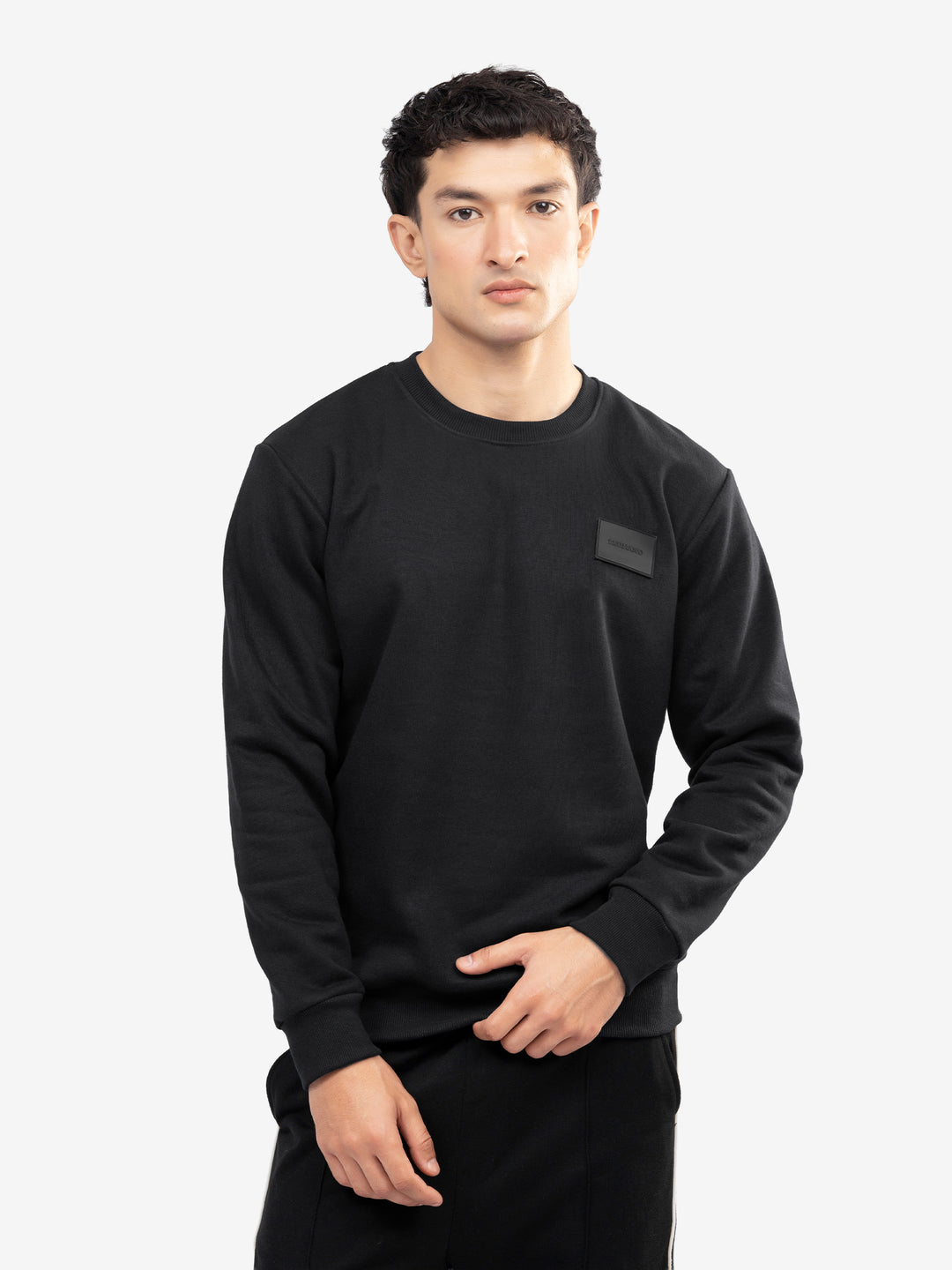 Men's black heavy crew neck sweatshirt front view