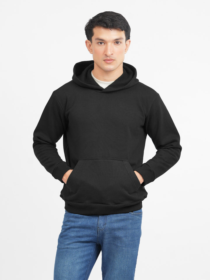 Men's black heavyweight fleece hoodie front view