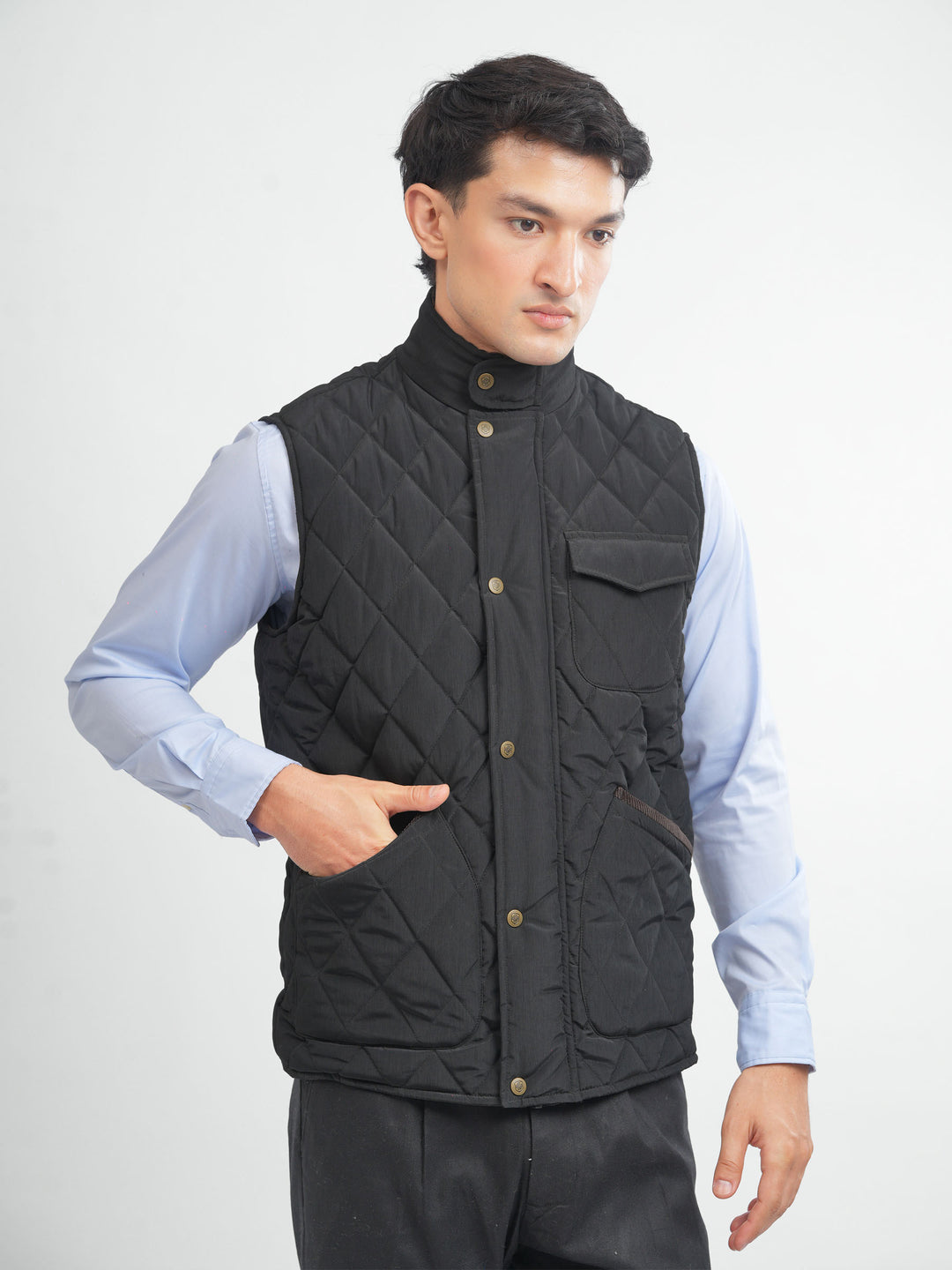 Men's black quilted sleeveless jacket front view