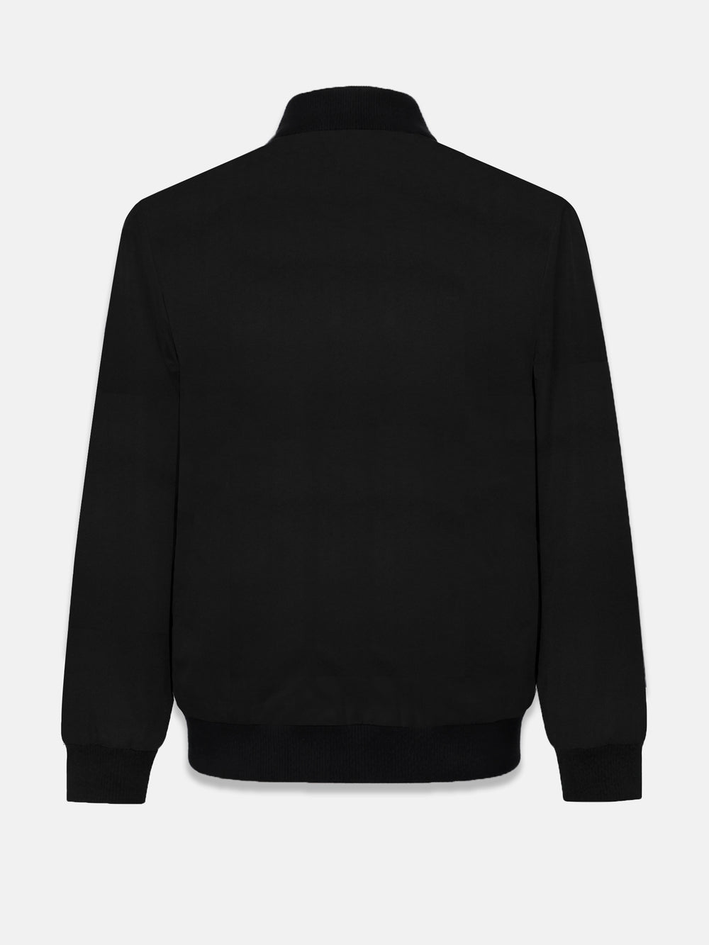 Back view of black bomber jacket
