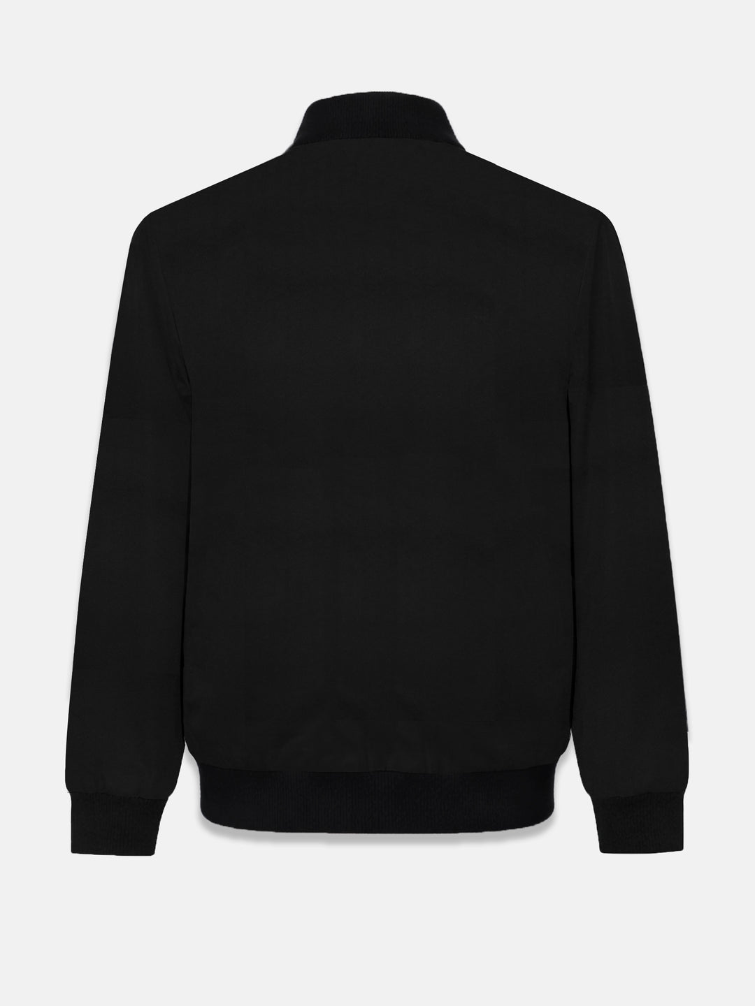 Back view of black bomber jacket
