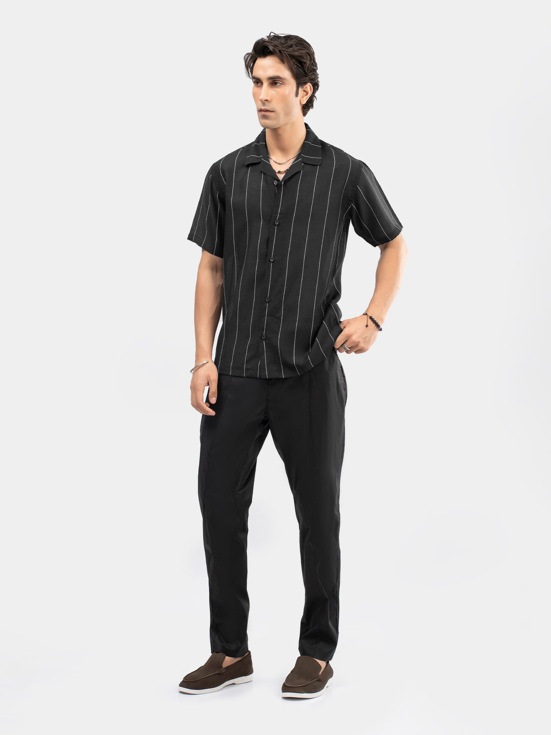 Black Light Weight Striped Cuban Collar Shirt