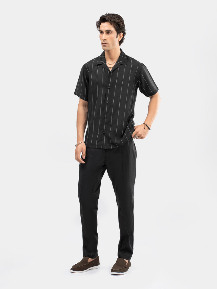 Black Light Weight Striped Cuban Collar Shirt