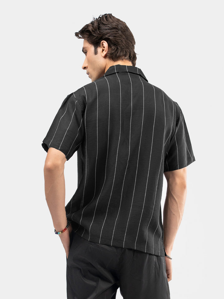 Black Light Weight Striped Cuban Collar Shirt