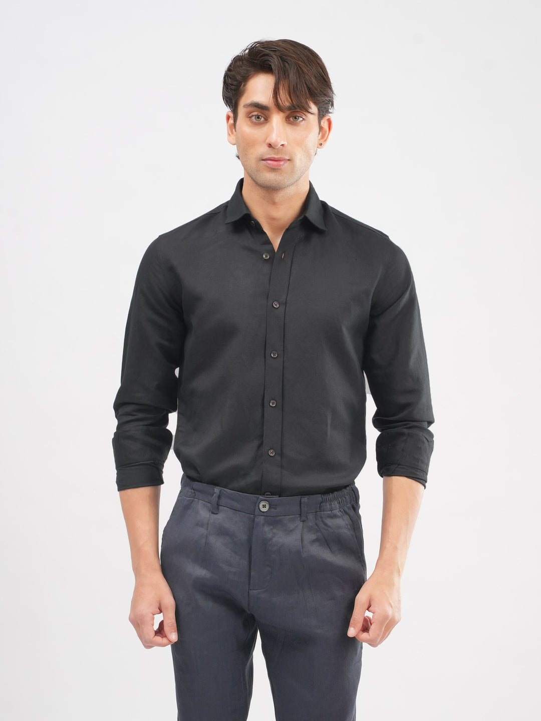 Model wearing black formal shirt for office