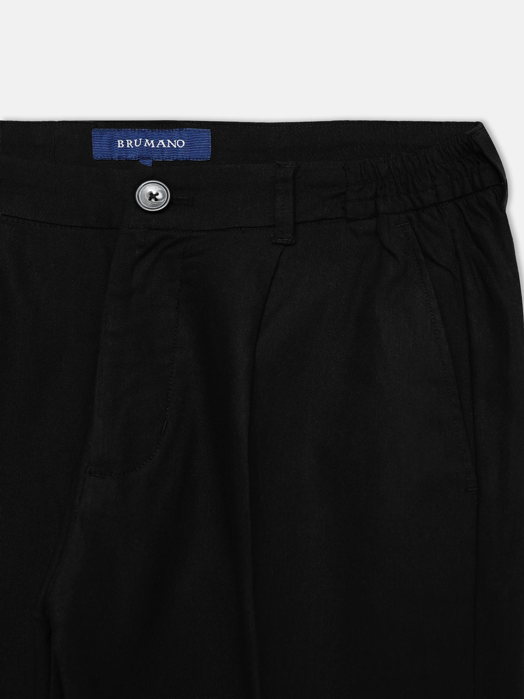 Close up of comfort waist on black cotton linen trousers