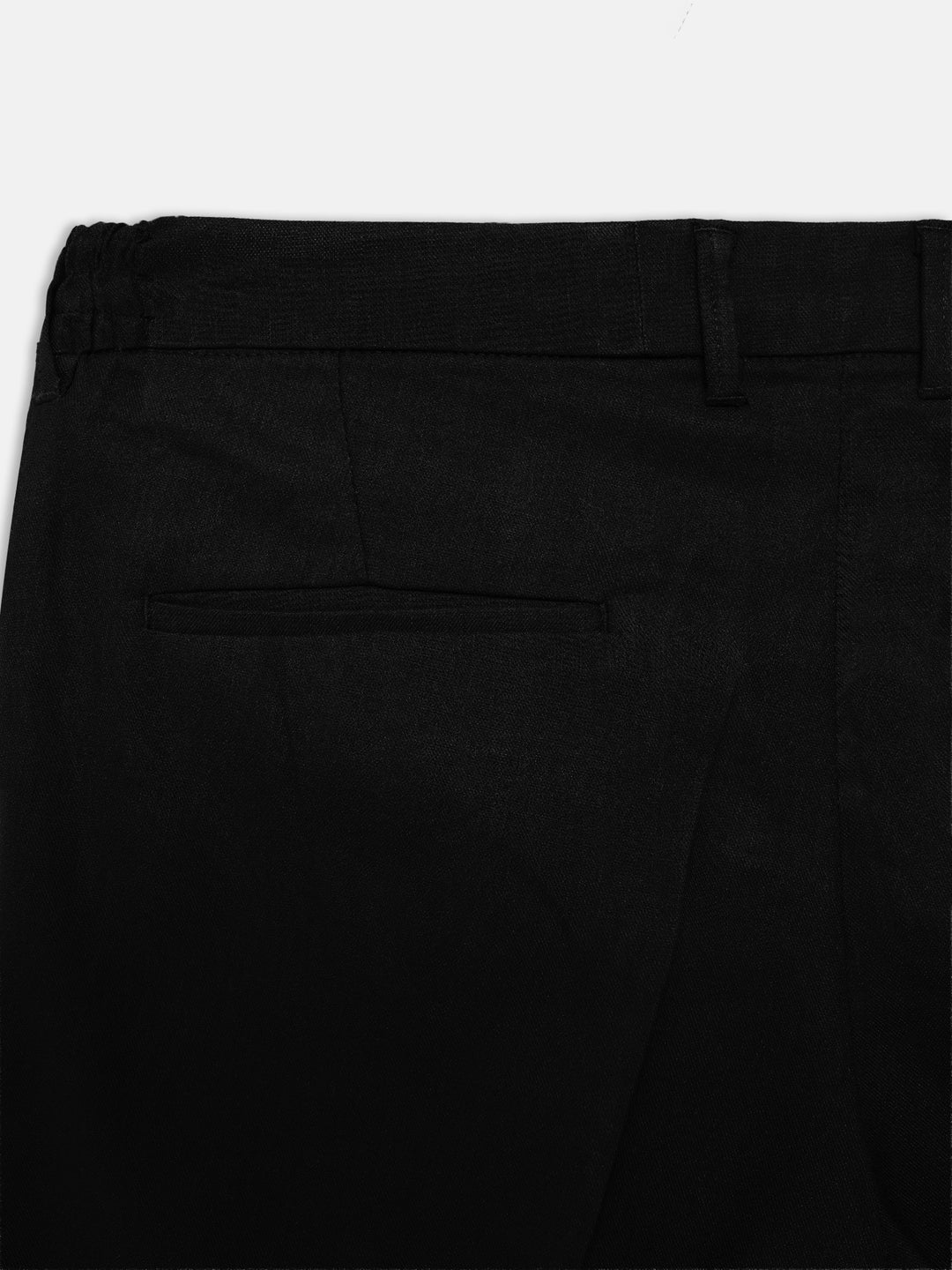 Men's black trousers back pocket and waistband detail