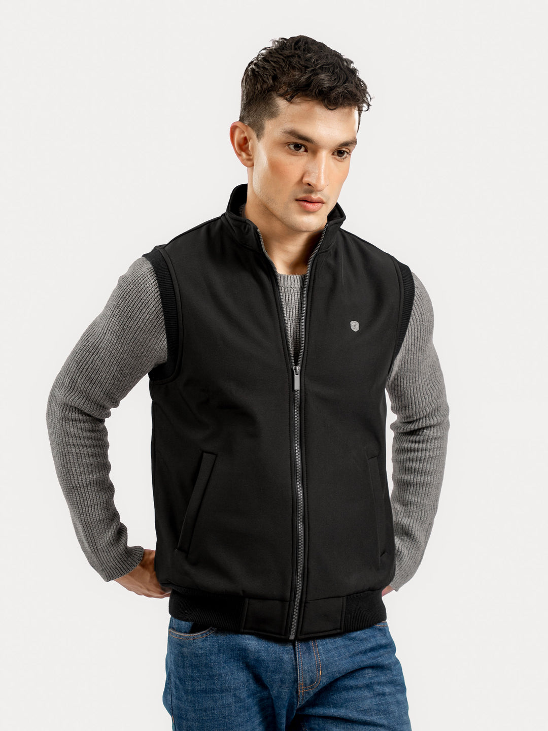 Men's black sleeveless jacket front view