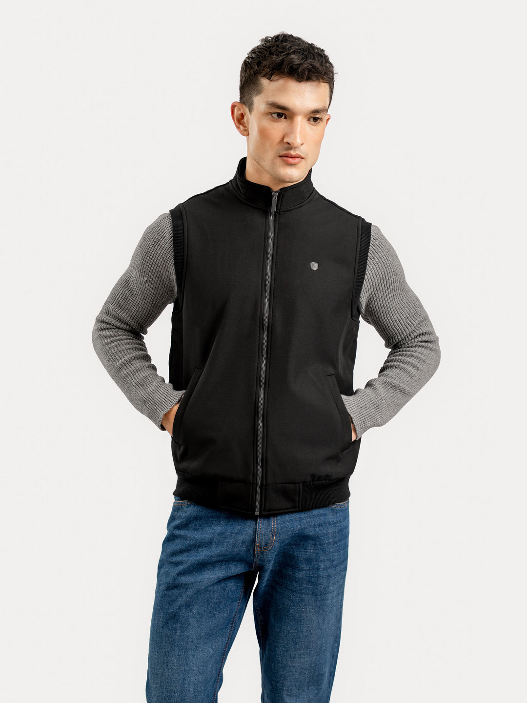 Black polyester zip-up vest for men