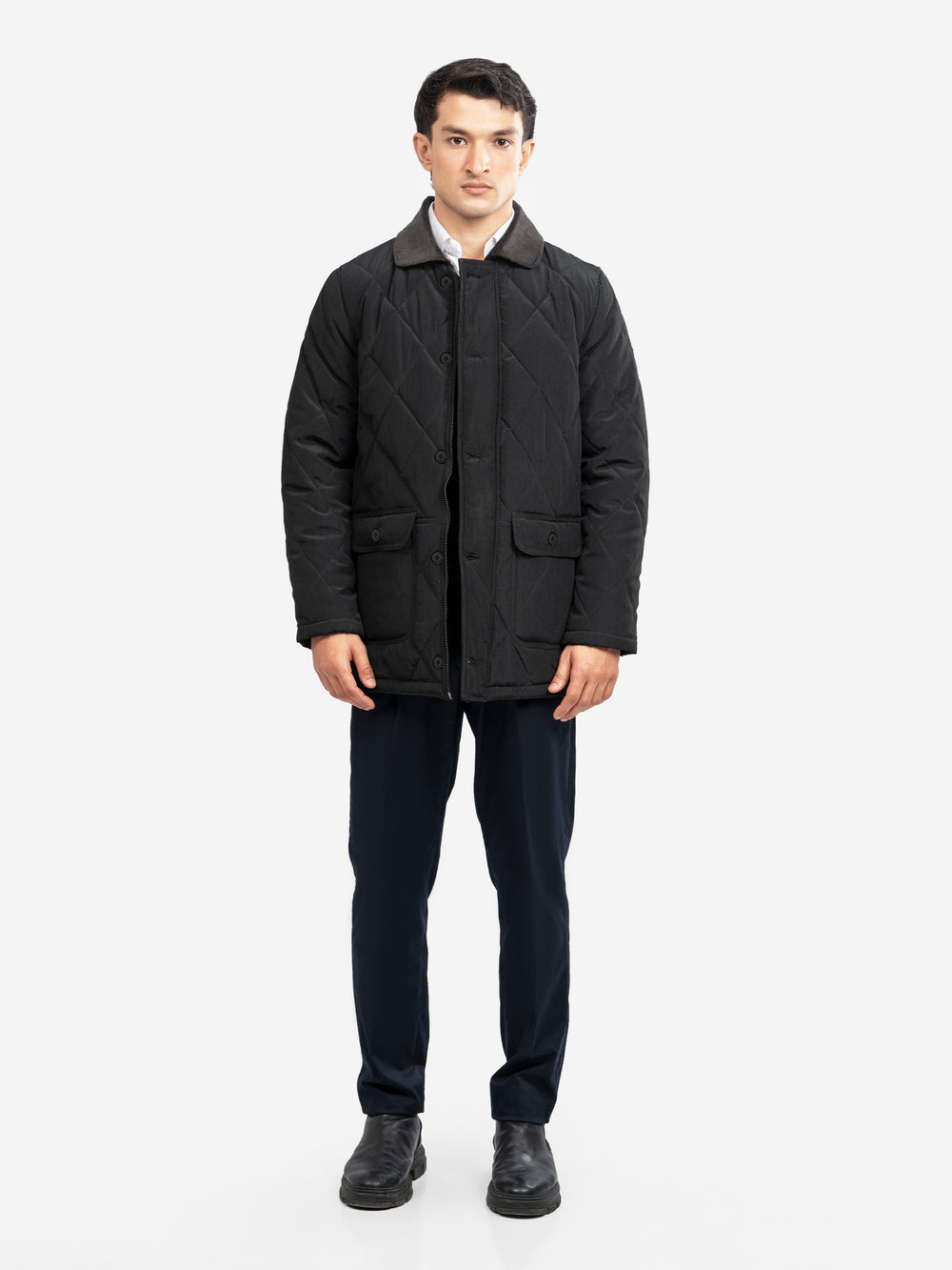 Black Sportsquilt Long Jacket With Corduroy Collar