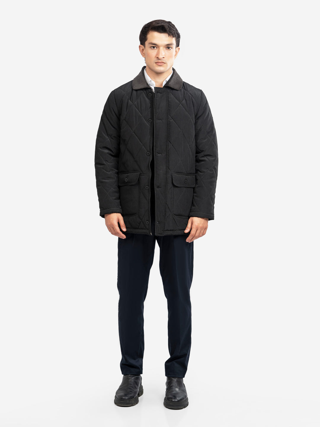 Black Sportsquilt Long Jacket With Corduroy Collar Brumano Pakistan