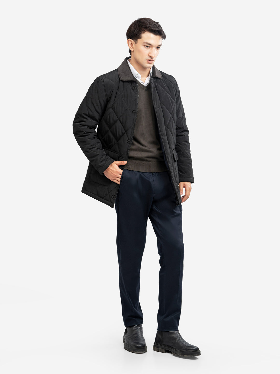 Side view of long sportsquilt jacket for men