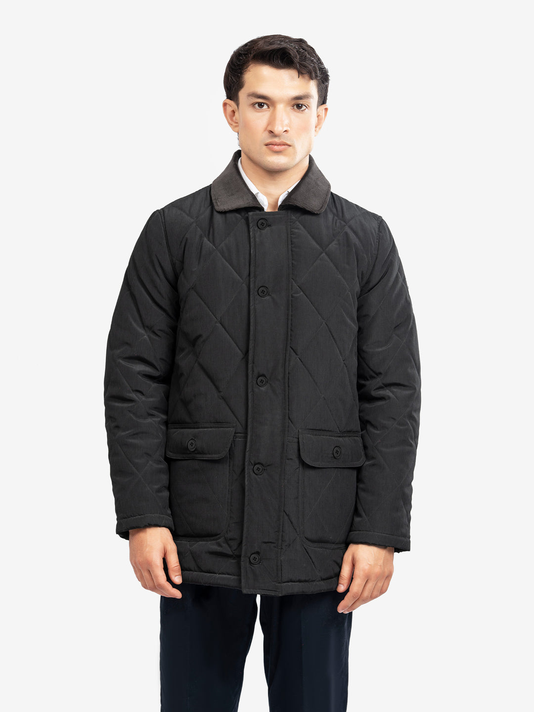 Men's black quilted long jacket front view
