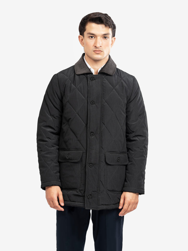 Men's black quilted long jacket front view