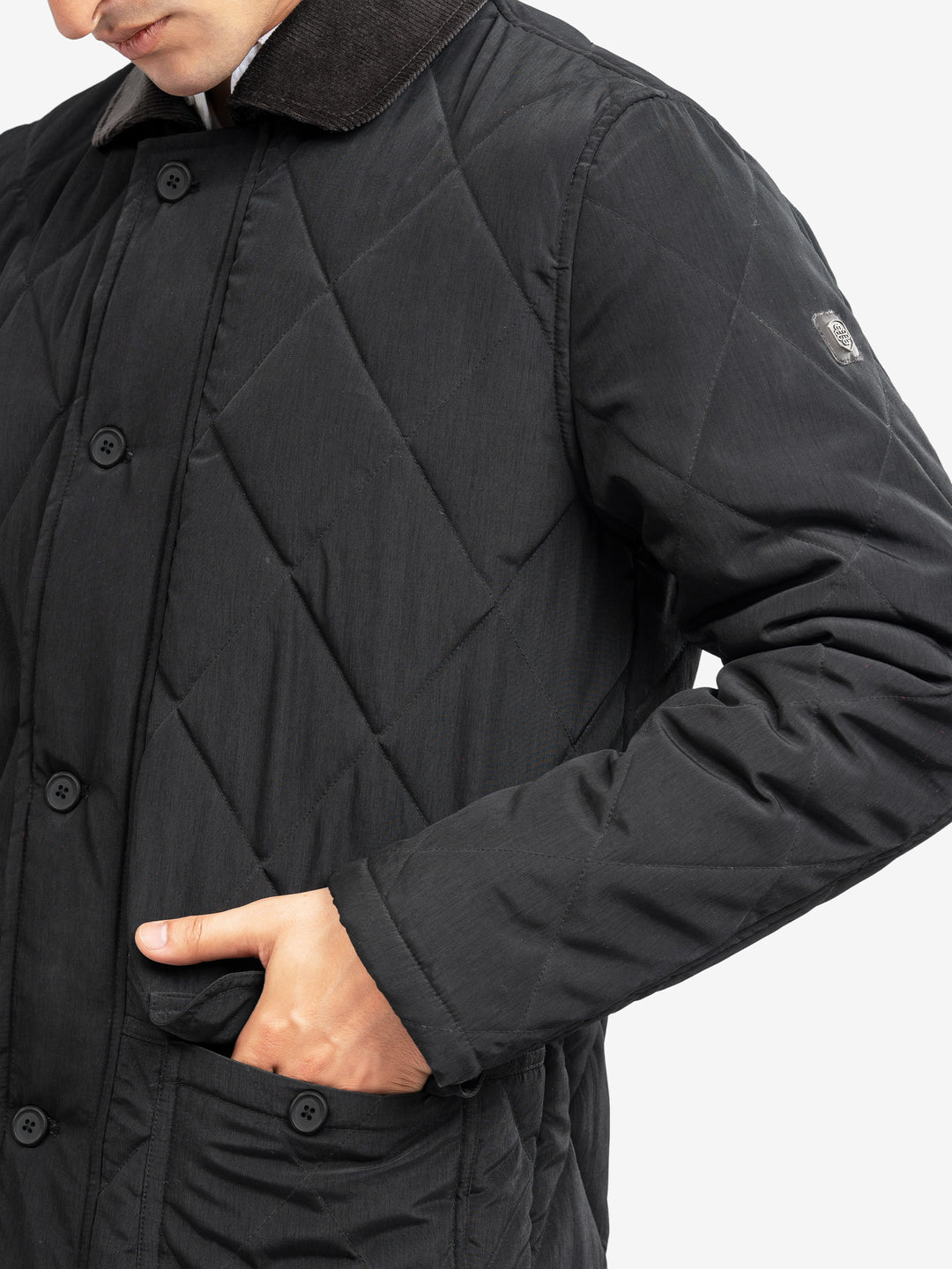 Close up of corduroy collar on black jacket