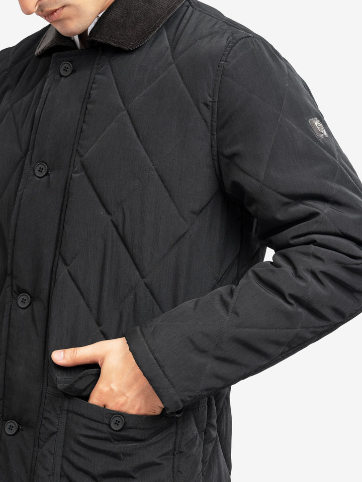 Close up of corduroy collar on black jacket