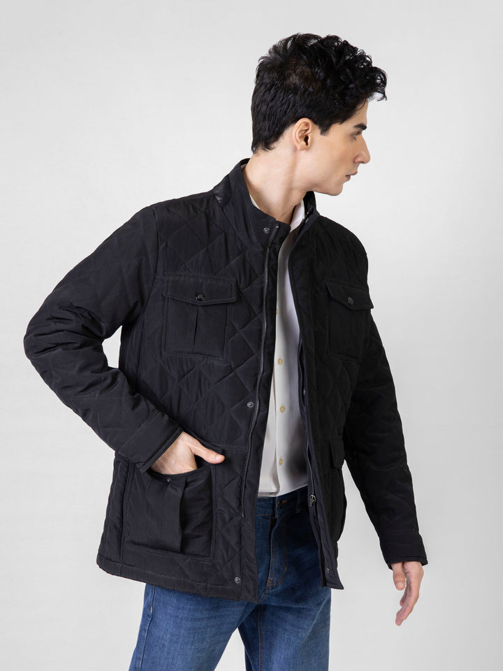 Men's Black Quilted Mock Neck Jacket Front View