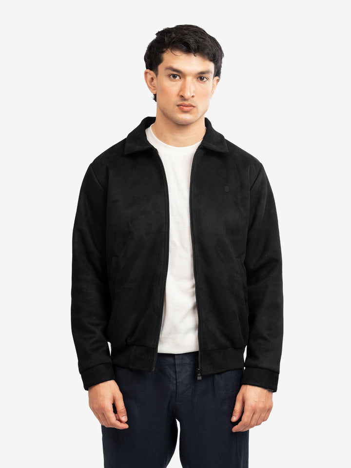 Men's black suede jacket front view casual style