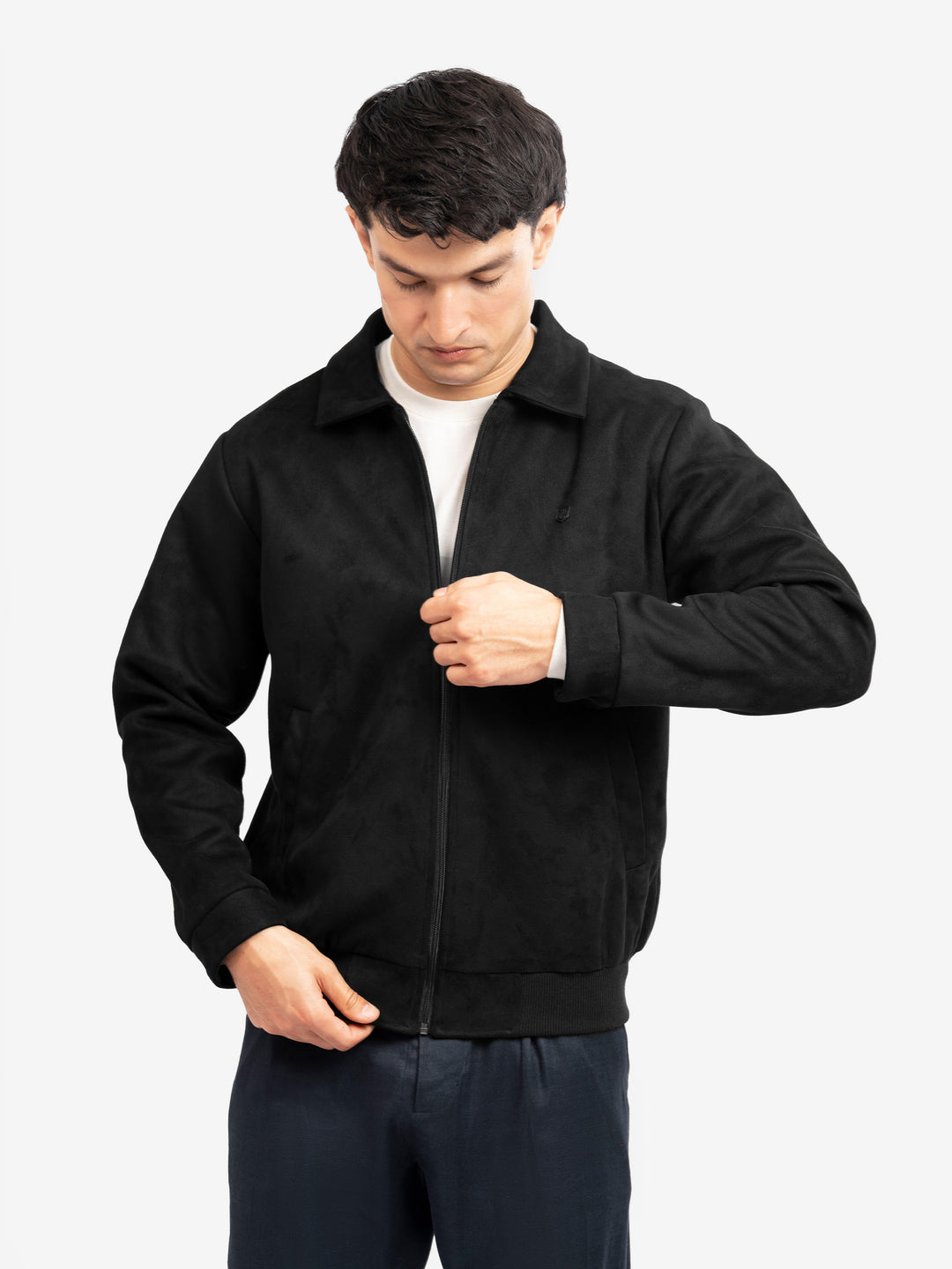 Model wearing black casual winter jacket for men

