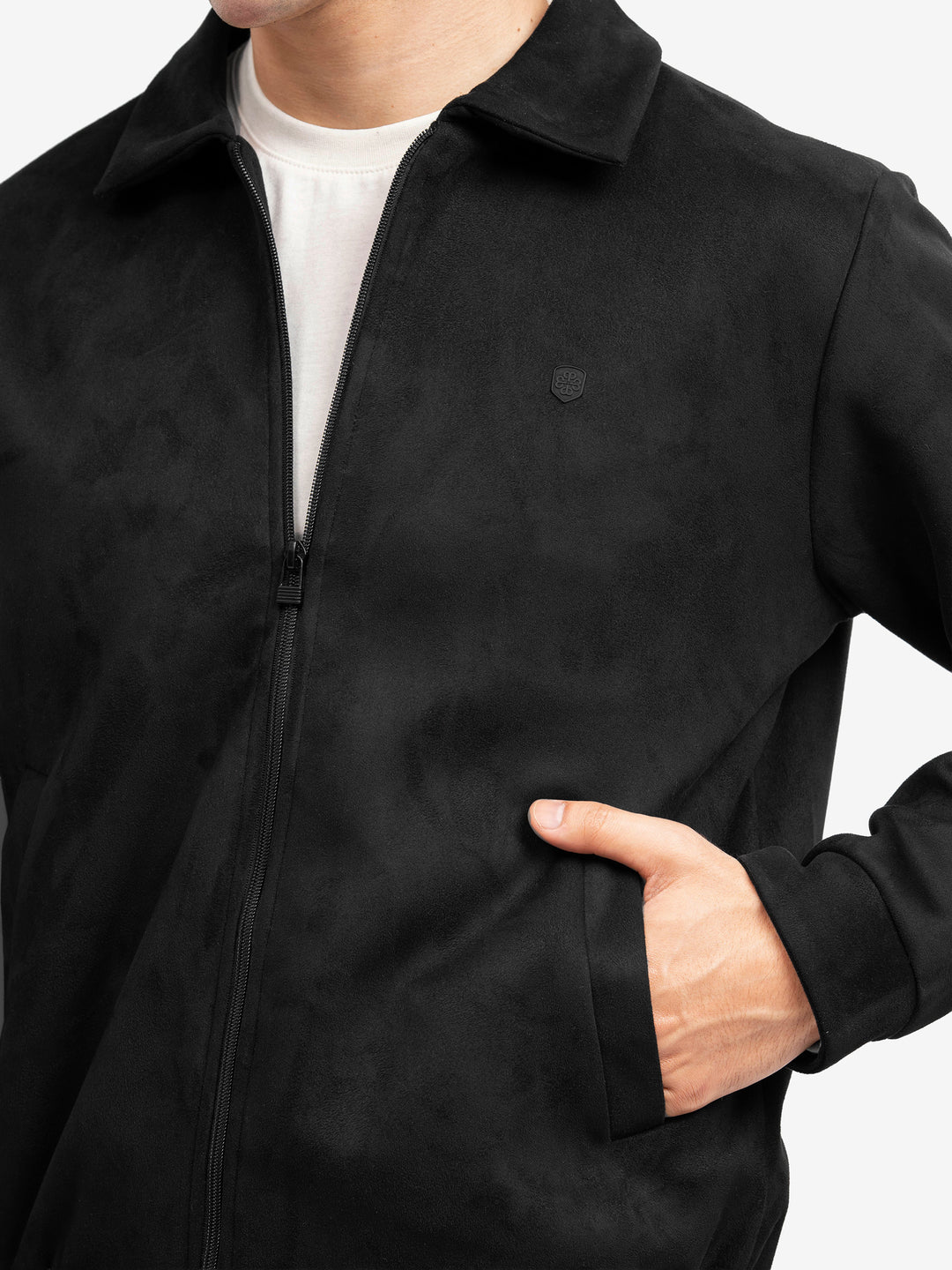 Close up of black suede finish collar texture