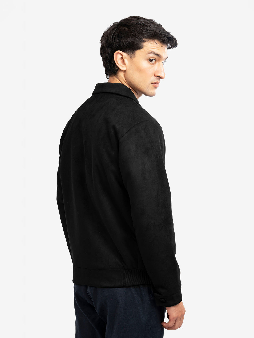  Back view of black polyester suede jacket