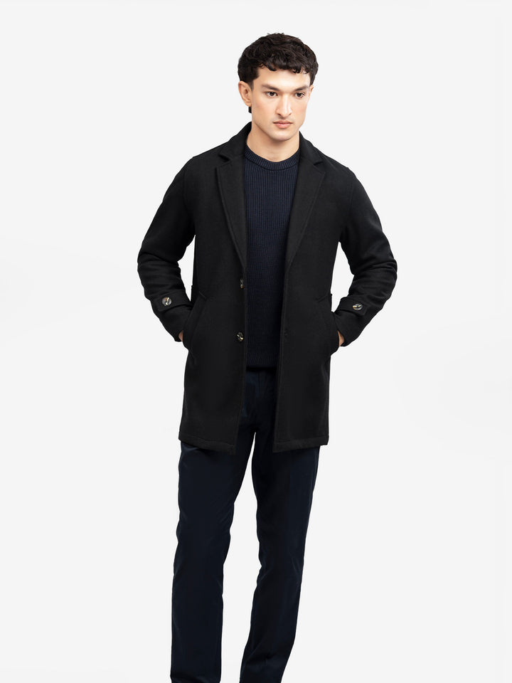 Men's black wool blend overcoat front view